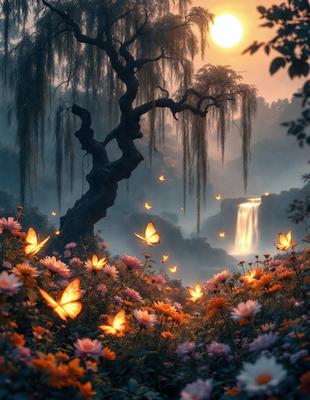 Primary subject: A tree with a branch that has a butterfly on it.

Setting/background: A forest with a waterfall in the background.

Visual style: Digital art.

Colors and mood: The image is colorful and has a serene, peaceful atmosphere.